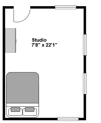 A floor plan of a studio apartment is shown with dimensions.